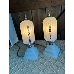 1930s HouzeX  Houze Glass Art Deco milk glass “Skyscraper” Boudoir Lamps